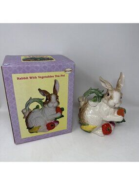 Kaldun & Bogle Hand Painted Bunny Rabbit Vegetables 8 1/2" Tall Teapot - NEW